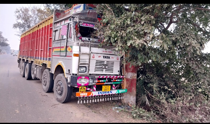 संतुलन बिगड़ने से तेज रफ्तार ट्रक पेड़ से टकराया बाल बाल बचे चालक